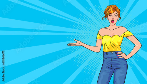 surprised woman gesture presenting something