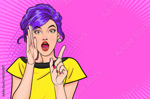 surprised woman open mouth rising hand comics background