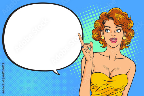 beautiful woman pointing with speech bubble.