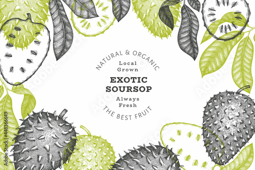 Hand drawn sketch style soursop fruit banner. Organic fresh fruit vector illustration. Retro guanabana design template