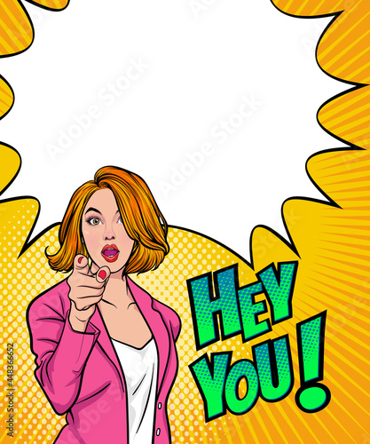 business woman pointing finger with hey you
