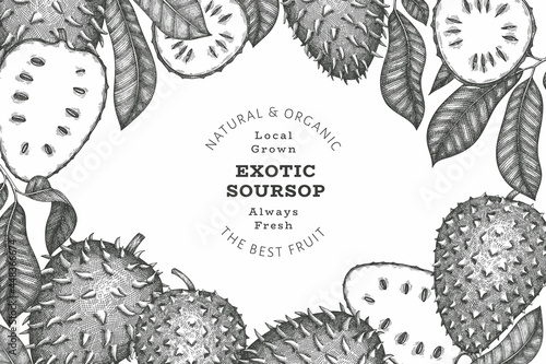 Hand drawn sketch style soursop fruit banner. Organic fresh fruit vector illustration. Retro guanabana design template