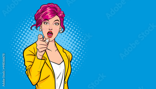 gesture business woman pointing finger at you comics style