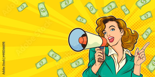 pop art beautiful woman with megaphone and money