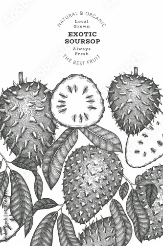 Hand drawn sketch style soursop fruit banner. Organic fresh fruit vector illustration. Retro guanabana design template