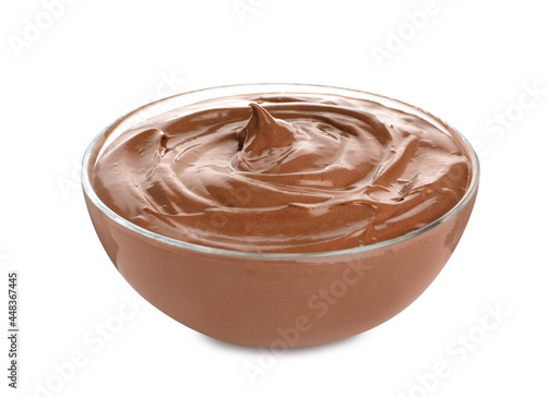 Bowl of delicious chocolate cream isolated on white