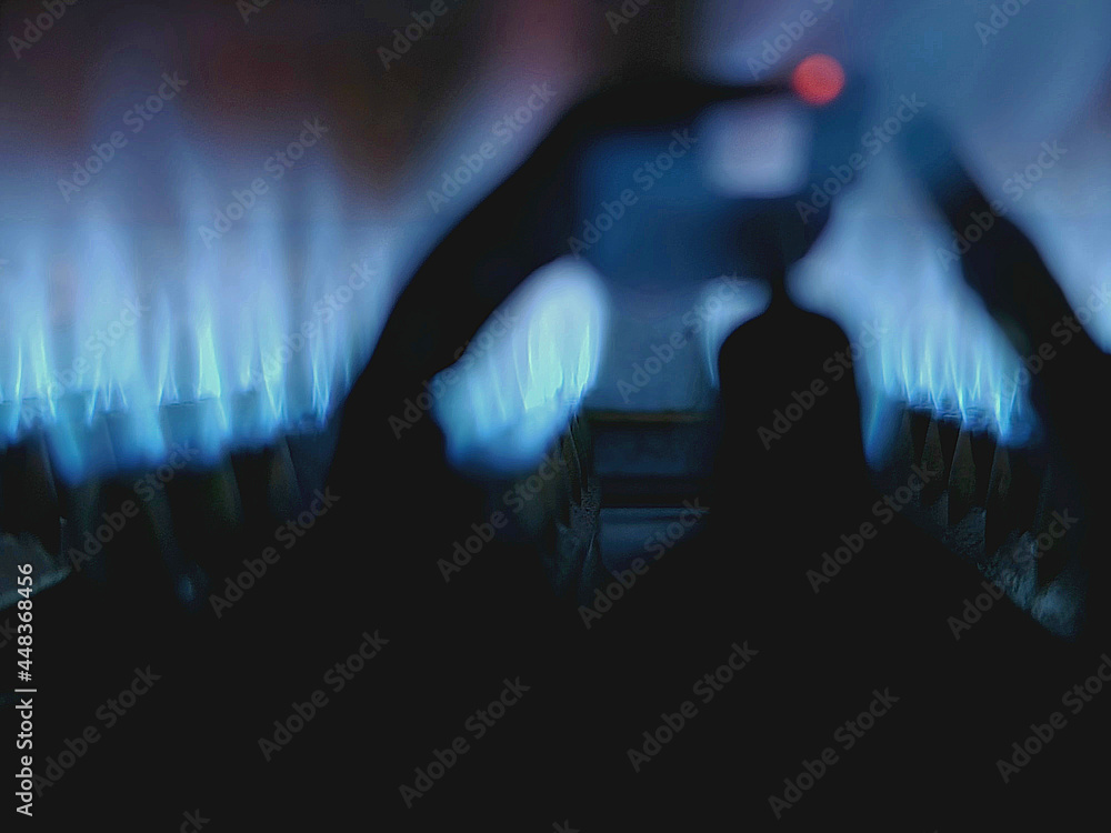 Gas water heater. Burning gas. Blue fuel. Gas flame.Natural gas Stock
