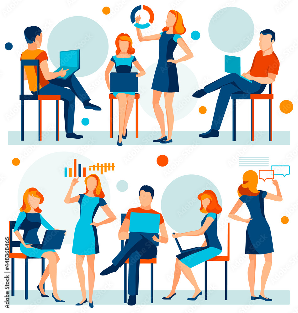 Various of working young colleagues in different poses on wight background, teamwork concept. Modern set of isolated flat illustrations. Various of working young colleagues in different poses on wight background, teamwork concept. Modern set of isolated flat illustrations.