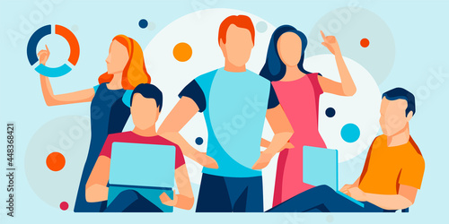 Success startup concept. Business people teamwork. Banner with young colleagues working together. Team brainstorming. Business meeting. Flat illustration of coworkers on blue background.