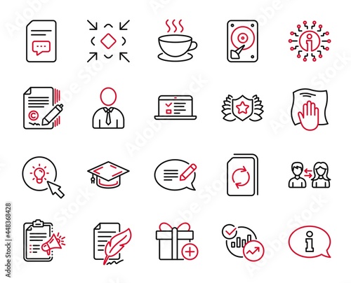 Vector Set of line icons related to Minimize, People communication and Graduation cap icons. Laureate, Add gift and Cappuccino signs. Information, Web lectures and Hdd. Comments, Energy. Vector