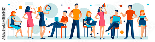 Wide horizontal banner with coworkers, teamwork concept. Working colleagues, business people collaboration. Modern set of isolated flat illustrations. 