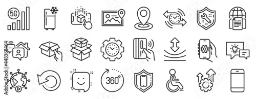 Set of Technology icons, such as Seo gear, Spanner, Resilience icons. Time management, Augmented reality, Smartphone signs. Disabled, 360 degrees, Timer. Work home, Location, 5g wifi. Vector