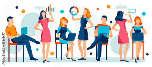 Working colleagues, business people collaboration. Horizontal banner with coworkers, teamwork concept. Modern flat illustration.  photo