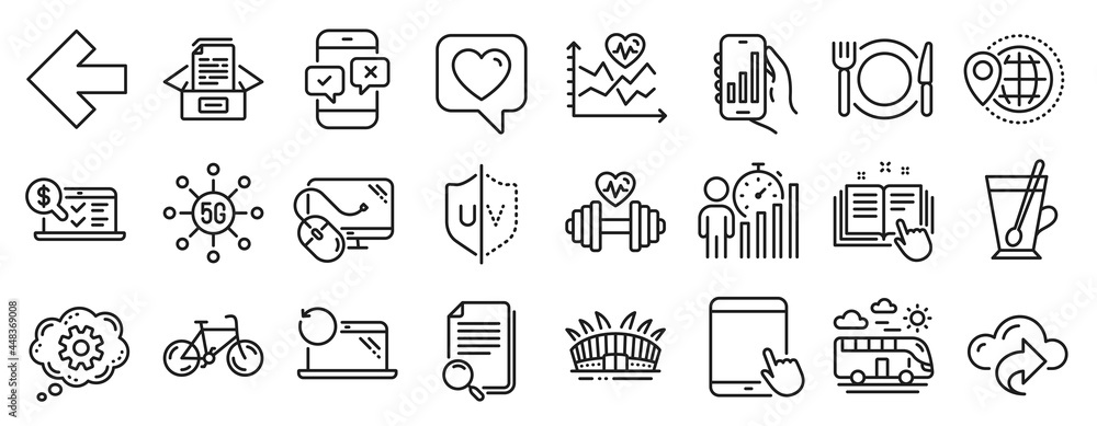 Set of Business icons, such as World travel, Documents box, Cloud share icons. Analysis app, Left arrow, Uv protection signs. Phone survey, Computer mouse, Online accounting. Heart. Vector