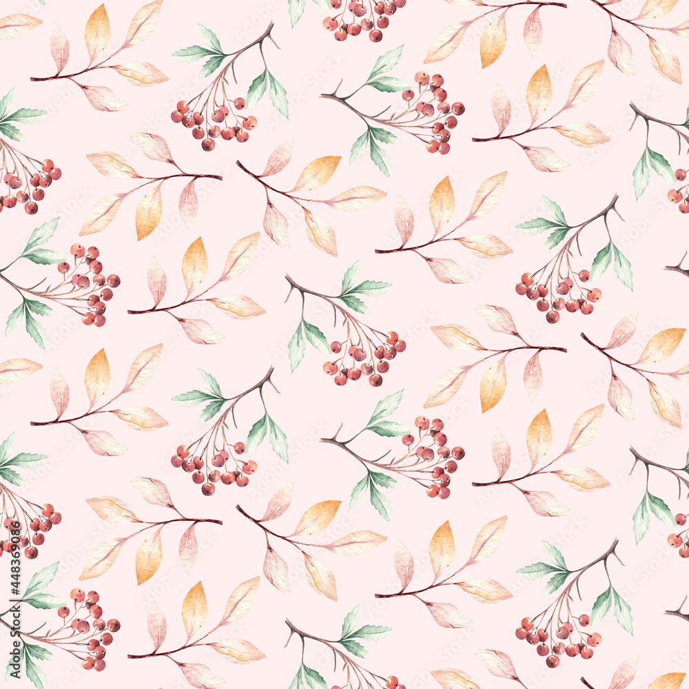 Watercolor autumn seamless pattern with mashrooms, branches, leaves and berries. Set of autumn forest plants. Collection of herbarium garden. Watercolor autumn seamless pattern with mashrooms, branches, leaves and berries. Set of autumn forest plants. Collection of herbarium garden.
