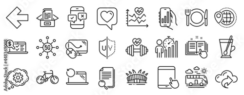 Set of Business icons  such as World travel  Documents box  Cloud share icons. Analysis app  Left arrow  Uv protection signs. Phone survey  Computer mouse  Online accounting. Heart. Vector