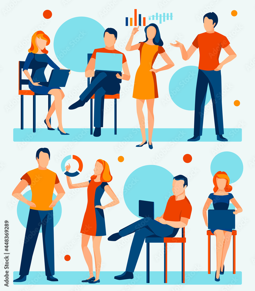 Obraz premium Various of working young colleagues in different poses analyzing data and discussing on blue background, teamwork concept. Modern flat business illustration. 
