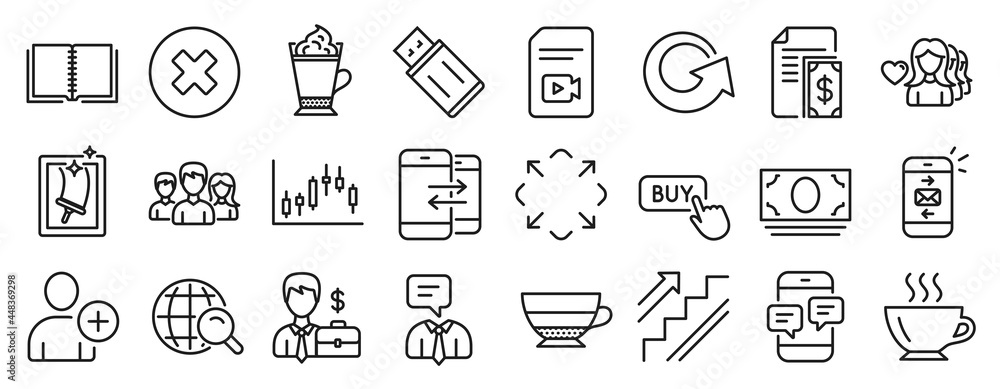 Set of line icons, such as Maximize, Phone messages, Businessman case icons. Usb flash, Mail, Video file signs. Coffee, Candlestick graph, Teamwork. Latte coffee, Payment, Window cleaning. Vector Set of line icons, such as Maximize, Phone messages, Businessman case icons. Usb flash, Mail, Video file signs. Coffee, Candlestick graph, Teamwork. Latte coffee, Payment, Window cleaning. Vector