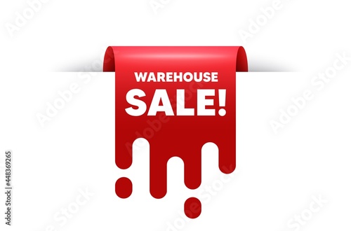 Warehouse sale text. Red ribbon tag banner. Special offer price sign. Advertising discounts symbol. Warehouse sale sticker ribbon badge banner. Red sale label. Vector