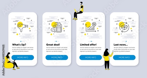 Vector Set of Business icons related to Bill accounting, 5g statistics and Hair dryer icons. UI phone app screens with people. Return parcel line symbols. Audit report, Wifi chart, Hairdryer. Vector