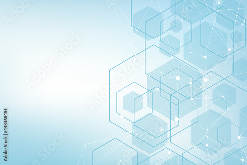 Technology abstract lines and dots connect background with hexagons. Hexagon grid. Hexagons connection digital data and big data concept. Hex digital data visualization, illustration.