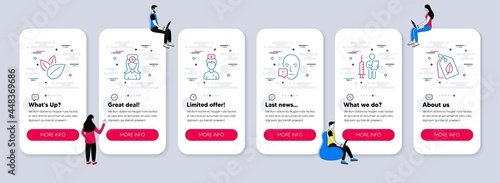 Vector Set of Healthcare icons related to Vaccination announcement, Organic product and Face attention icons. UI phone app screens with teamwork. Vector
