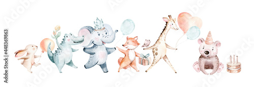 Watercolor cute illustration of cute animals with colorful balloons. Bunny, crocodile and fox selebrate birthday party. Elephant, giraffe and bear party