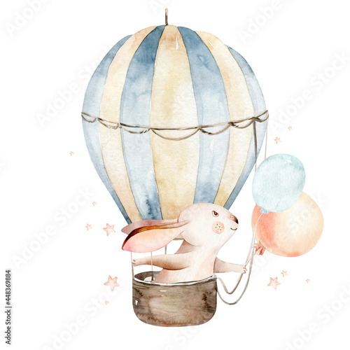 Cute cartoon rabbit animal hand drawn watercolor bunny illustration with air balloon. kids nursery wear fashion design, baby shower invitation card.