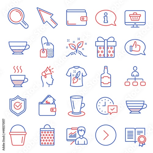 Line icons set. Included icon as Management, Bucket, Shopping bag signs. Startup concept, Mouse cursor, Americano symbols. Gift box, Teacup, Select alarm. Approved shield, Money wallet. Vector