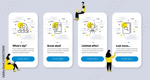 Vector Set of Business icons related to Trophy, Teamwork and Phone repair icons. UI phone app screens with people. Search files line symbols. Winner cup, Remote work, Spanner service. Vector