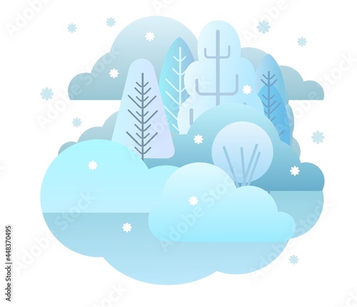 Winter forest landscape. Flat style symbolic illustration. Scenery with trees, shrubs and snowdrifts. Rural wildlife. Countryside view with frost. Beautiful art picture. Isolated on white. Vector