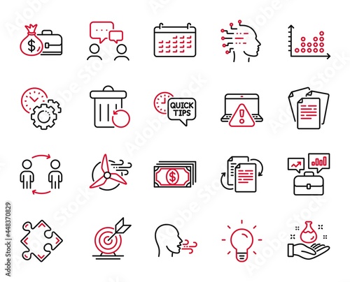 Vector Set of Education icons related to Time management, Payment and Business portfolio icons. Calendar, People chatting and Salary signs. Quick tips, Windmill turbine and Dot plot. Vector