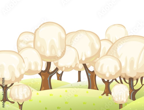 Fabulous sweet forest. Ice cream, drips of white milk cream. Trees with chocolate trunks. Cute hilly landscape for children. Isolated illustration. Vector