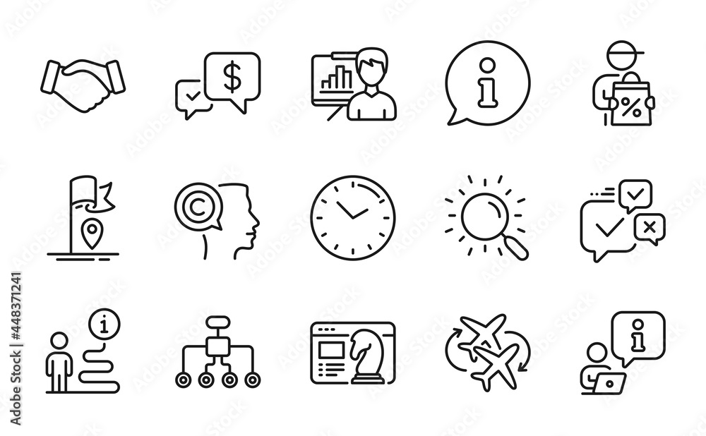 Business icons set. Included icon as Restructuring, Delivery discount, Connecting flight signs. Presentation board, Search, Writer symbols. Time, Flag, Payment received. Online voting. Vector Business icons set. Included icon as Restructuring, Delivery discount, Connecting flight signs. Presentation board, Search, Writer symbols. Time, Flag, Payment received. Online voting. Vector