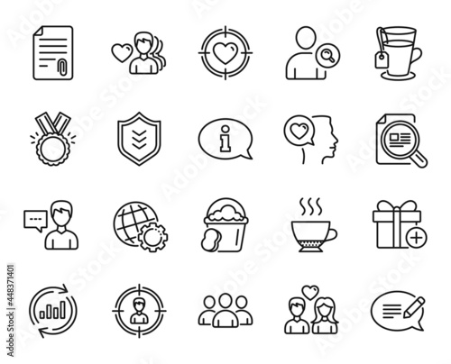 Vector set of Romantic talk, Add gift and Man love line icons set. Group, Headhunting and Message icons. Valentine target, Update data and Shield signs. Attachment, Tea and Information. Vector