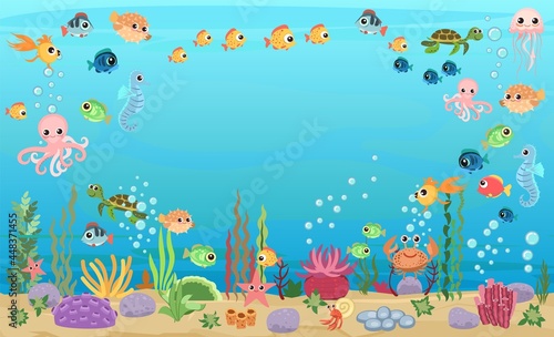 Bottom of reservoir with fish. Blue water. Sea ocean. Turtle. Underwater landscape with animals. plants, algae and corals. Illustration cartoon. Flat design. Vector art