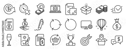 Set of line icons, such as Get box, Money bag, Monitor settings icons. Recycling, Technical info, Wineglass signs. Package location, Timer, Checkbox. Loop, Income money, Cashback. Strategy. Vector