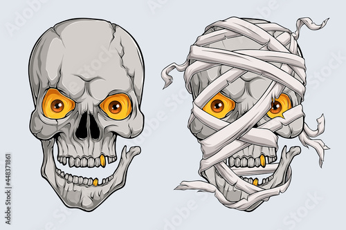 Hand drawn realistic scary mummy skull faces, horrifying Egyptian mummy heads  with orange eyes
