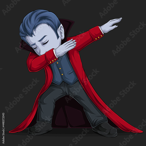 Scary Dracula vampire doing dabbing dance, mythical horror creature character doing dab movement