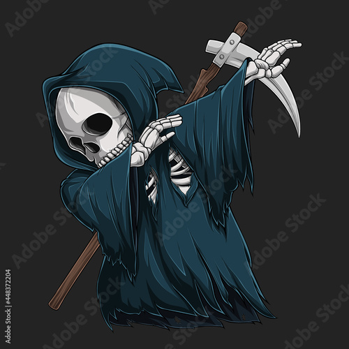 Hand drawn Grim reaper skeleton with scythe doing dabbing dance, scary character doing dab movement