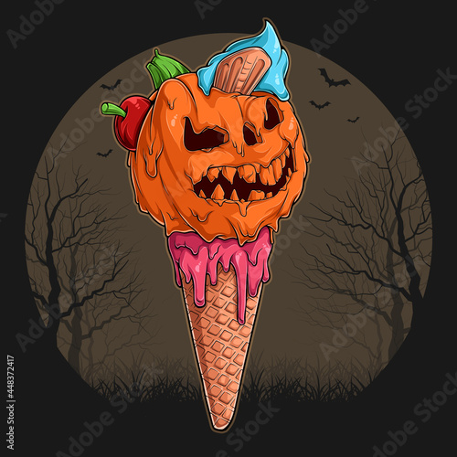 Halloween pink ice cream cone with a pumpkin head and cherry