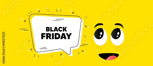 Black Friday Sale. Cartoon face chat bubble background. Special offer price sign. Advertising Discounts symbol. Black friday chat message. Character smile face background. Vector