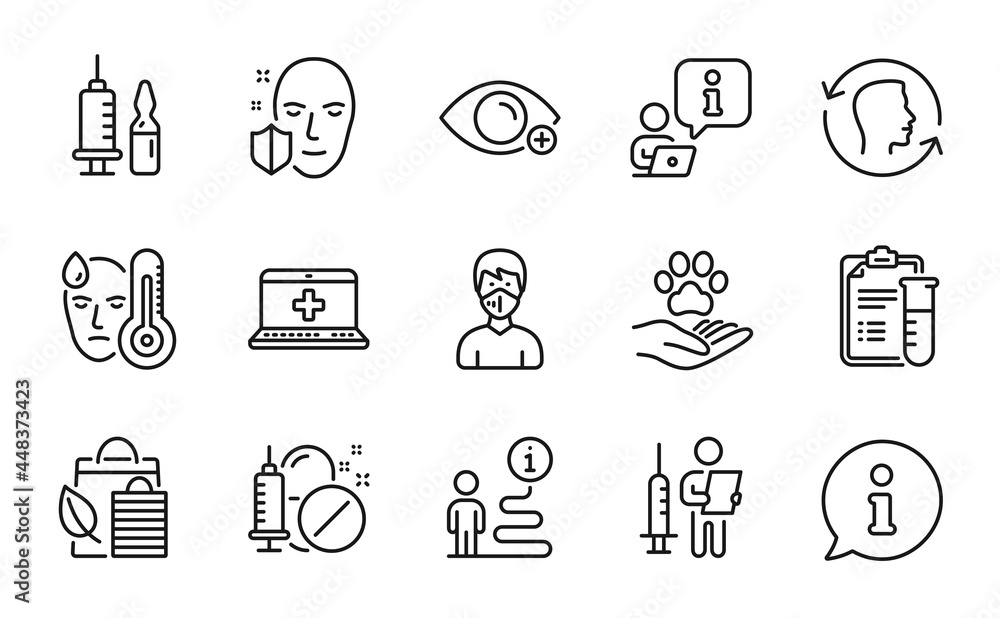 Fototapeta premium Healthcare icons set. Included icon as Pets care, Face protection, Medical vaccination signs. Medical analyzes, Vaccination announcement, Face id symbols. Bio shopping, Farsightedness. Vector
