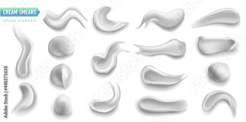 Set of realistic cosmetic cream smears. Skincare product of different body colors. Lotion smooth smear isolated vector texture on white background.