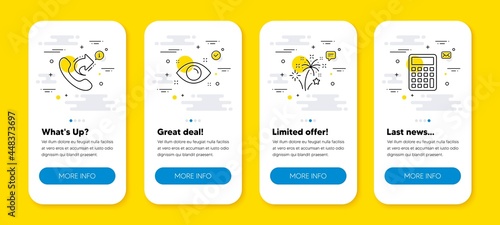 Vector set of Share call, Health eye and Fireworks line icons set. UI phone app screens with line icons. Calculator icon. Phone support, Optometry, Pyrotechnic salute. Accounting device. Vector