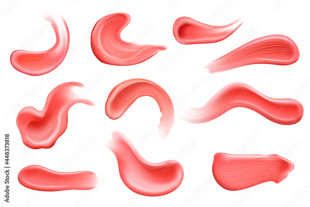 Set of realistic cosmetic pink lisptick cream smears. Lotion smooth smear isolated vector texture on white background. Set of realistic cosmetic pink lisptick cream smears. Lotion smooth smear isolated vector texture on white background.