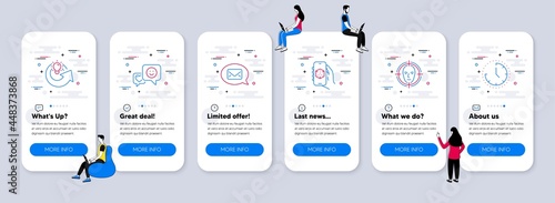 Technology icons set. UI phone app screens with teamwork. Included icon as Face detect, Messenger, Share idea signs. 3d app, Smile, Time line icons. Select target, New message, Solution. Vector