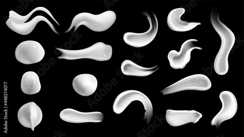 Set of realistic cosmetic cream smears. Skin toner of different body colors. Lotion smooth smear isolated vector texture on black background.