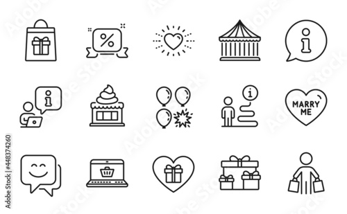 Holidays icons set. Included icon as Discounts ribbon, Heart, Surprise boxes signs. Buyer, Carousels, Holidays shopping symbols. Online shopping, Romantic gift, Balloon dart. Ice cream. Vector
