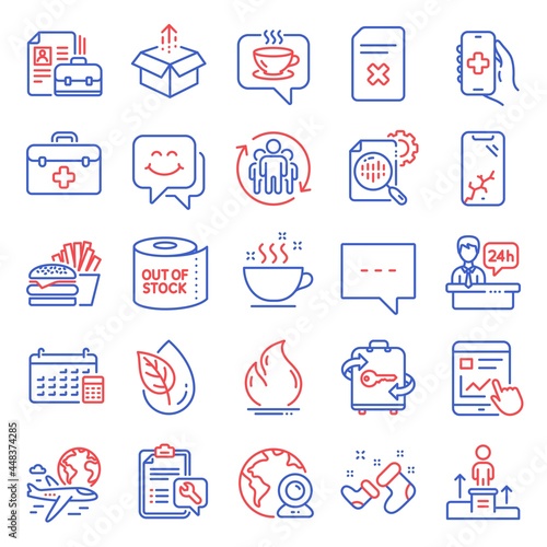 Business icons set. Included icon as Blog, Organic product, Smartphone broken signs. Seo stats, Delete file, Smile face symbols. Health app, Burger, First aid. Video conference, Coffee cup. Vector